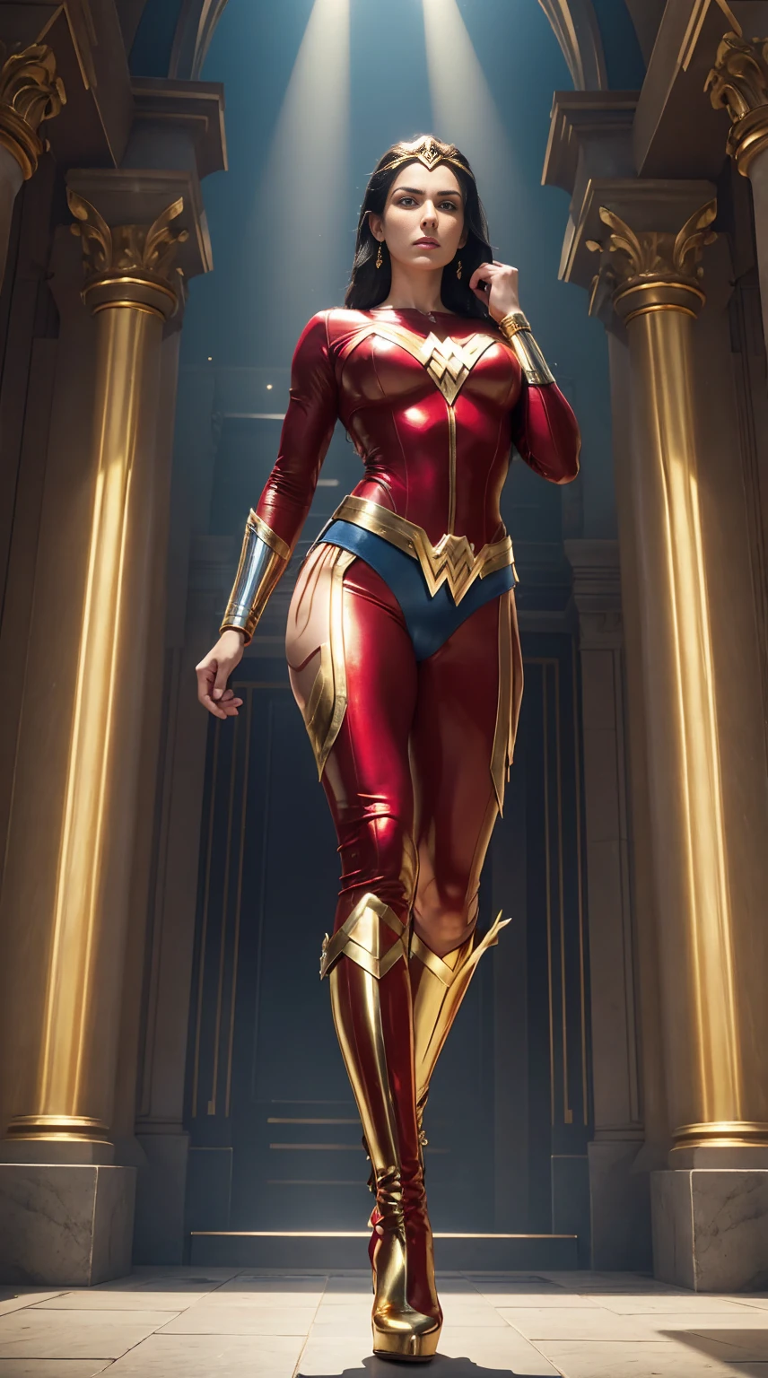 Anita Gucciardi, 29 years old, as the superhero Wonder Woman, in red leather jumpsuit with shiny blue pants, gold belt, gold gauntlets, gold tiara, gold bracelets, strong facial expression, determined woman, looking at camera, eyes blue, black hair, long braided hair, Long hair, blue boots, Curvaceous athletic body, defined musculature, defined buttocks, Thick muscular thighs, Front view, full body perspective, Classical Greek architecture, rays of light
