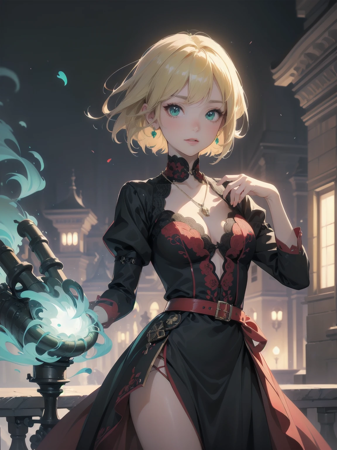 (masterpiece:1.2), (Highest quality:1.2), Ultra-high resolution, Very detailed, break, ((Anime girl standing with happiness in her hands)), Crazy girl, (1 person,Lolita,boyish, , 12 years old:1.3), A light smile, , girl who looks like a boy, Bob cut hair, ((Blonde Hair)), Messy Hair, A super-sized chest overflowing with soft fat masses、Waistline、Slender body, Small Ass, Small green eyes,Fine and beautiful eyes, Well-proportioned iris and pupil, Expressive eyes, Beautiful and detailed lips, High resolution detailed hair, Perfect Eyes, Perfect Face, ultra high density skin, Full Finger, Perfect lighting, break, ((Light green necklace)), ((Black and red luxury dress:1.3)), light green tie, Sparkling Sapphire, Lady, Wear white gloves, break, (steampunk), Castle balcony, Skyscraper, Night view, Equipment, pipe, (Steam spewing out from pipes:1.2), Fantasy, break, ((Positive:1.3)), break, Digital anime art,Anime style illustrations,Anime illustration
