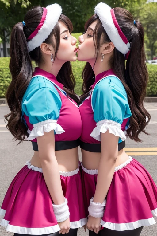 Two girls with big breasts and twin outfits are kissing