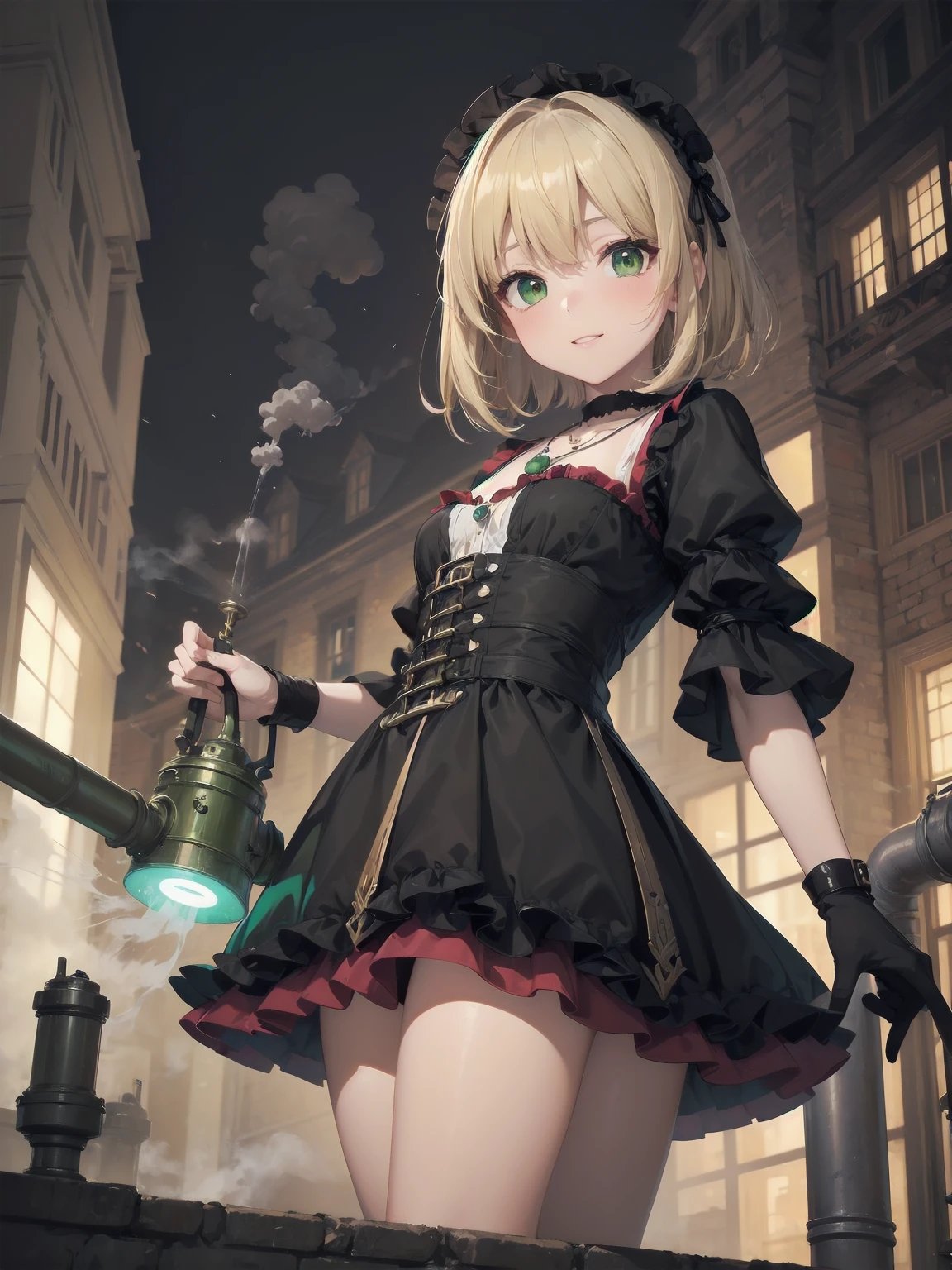 (masterpiece:1.2), (Highest quality:1.2), Ultra-high resolution, Very detailed, break, ((Anime girl standing with happiness in her hands)), Crazy girl, (1 person,Lolita,boyish, , 12 years old:1.3), A light smile, , girl who looks like a boy, Bob cut hair, ((Blonde Hair)), Messy Hair, A super-sized chest overflowing with soft fat masses、Waistline、Slender body, Small Ass, Small green eyes,Fine and beautiful eyes, Well-proportioned iris and pupil, Expressive eyes, Beautiful and detailed lips, High resolution detailed hair, Perfect Eyes, Perfect Face, ultra high density skin, Full Finger, Perfect lighting, break, ((Light green necklace)), ((Black and red luxury dress:1.3)), light green tie, Sparkling Sapphire, Lady, Wear white gloves, break, (steampunk), Castle balcony, Skyscraper, Night view, Equipment, pipe, (Steam spewing out from pipes:1.2), Fantasy, break, ((Positive:1.3)), break, Digital anime art,Anime style illustrations,Anime illustration
