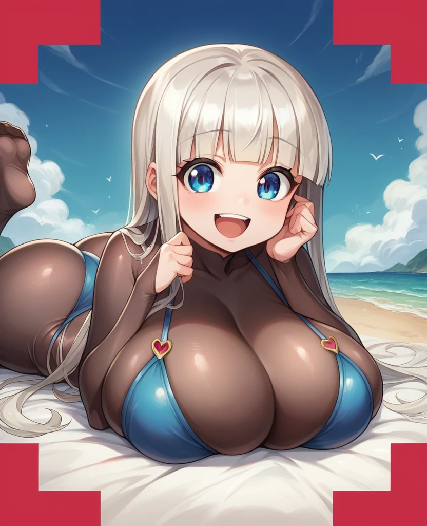 masterpiece, best quality, masterpiece,best quality,official art,extremely detailed CG unity 8k wallpaper, loli, ,( mesugaki), platinum blonde hair, hime_cut, cute face, laughing, huge breasts, blue eyes, bikini,bodystocking,huge ass, uwabaki, on stomach