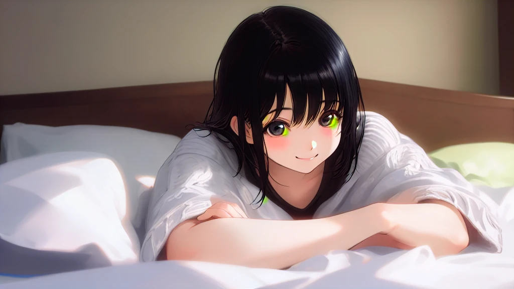beautiful girl、Black knit、On the bed、Eye highlightasterpiece、high resolution、smile、Black Hair
