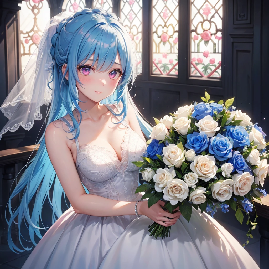 Sky blue hair, (Braided Ponytail),(Pink Eyes),Fair skin ,(whole body),(One girl),bride,A happy smile,Eyes moist with tears,Straight bangs, 6月のbride,Wedding dress,(masterpiece, Highest quality, Very detailed, Best Shadow), (Detailed Background), (Beautifully detailed face), High Contrast, (Best lighting, Very delicate and beautiful), ((Cinematic Light)), colorful, Hyper Detail, Dramatic Light, Intricate details,Chapel,Bouquet of roses