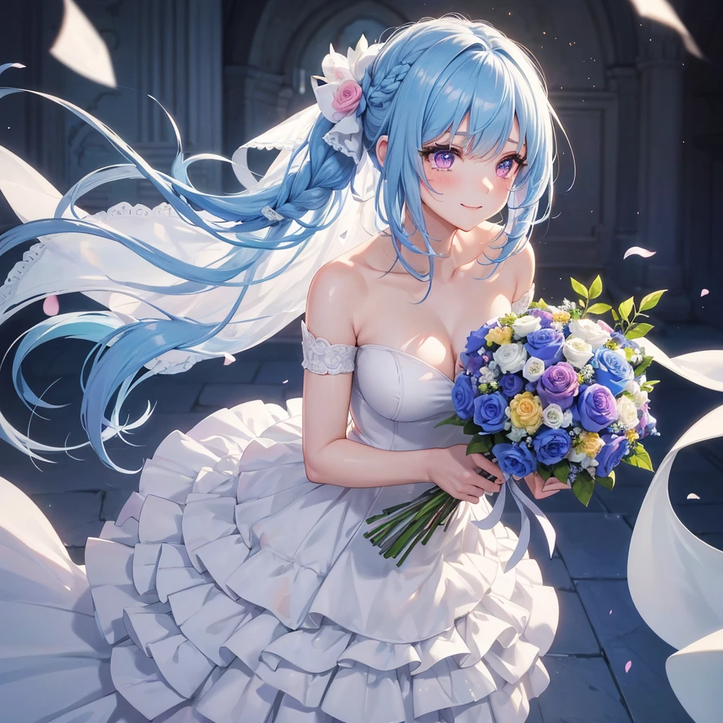 Sky blue hair, (Braided Ponytail),(Pink Eyes),Fair skin ,(whole body),(One girl),bride,A happy smile,Eyes moist with tears,Straight bangs, 6月のbride,Wedding dress,(masterpiece, Highest quality, Very detailed, Best Shadow), (Detailed Background), (Beautifully detailed face), High Contrast, (Best lighting, Very delicate and beautiful), ((Cinematic Light)), colorful, Hyper Detail, Dramatic Light, Intricate details,Chapel,Bouquet of roses
