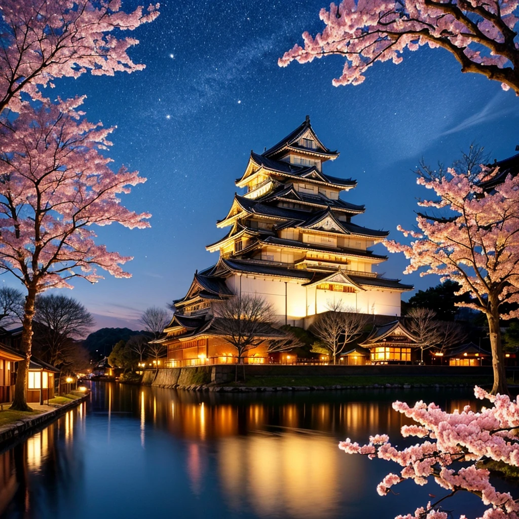 The fantastic Himeji Castle　There are beautiful cherry blossoms around　Moonlit lake at night