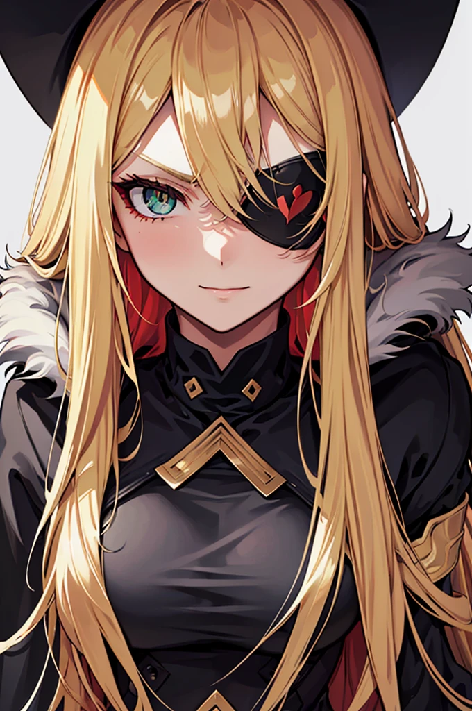 ((masterpiece)), ((best quality)), 1girl, adult, long hair, ((blonde hair)), very long blonde hair, ((intimidant look)), ((close-up)), profile image, green eyes, black and red clothes, sexy, dark colors, brillant eyes, ((coat with fur)), ((wavy hair)), exposed skin, ((sexy pose)), ((intimidant look)), good anatomy, ((dark sage clothes)), ((straight cut bangs)), emotionless, intimidant, ((beautiful eyes)), close up, ((detailed eyes)), beautiful eyes, ((detailed face)), hair bang, frontal look, evil, relaxed, smile, magical goddess othinus, detailed face, eyepatch, full body, ((detailed))