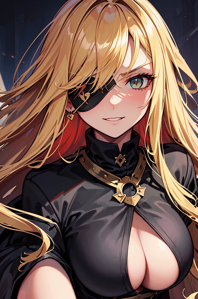 ((masterpiece)), ((best quality)), 1girl, adult, long hair, ((blonde hair)), very long blonde hair, ((intimidant look)), ((close-up)), profile image, green eyes, black and red clothes, sexy, dark colors, brillant eyes, ((coat with fur)), ((wavy hair)), exposed skin, ((sexy pose)), ((intimidant look)), good anatomy, ((dark sage clothes)), ((straight cut bangs)), emotionless, intimidant, ((beautiful eyes)), close up, ((detailed eyes)), beautiful eyes, ((detailed face)), hair bang, frontal look, evil, relaxed, smile, magical goddess othinus, detailed face, eyepatch, full body, ((detailed))