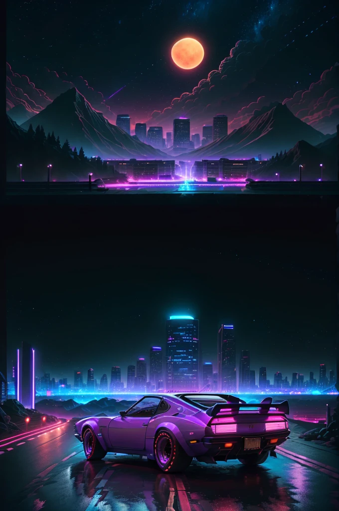 retrowave. city, 1969 Nissan S30, wide body kit, road,  purple neon lights, sun, mountain, 
(masterpiece,detailed,highres),