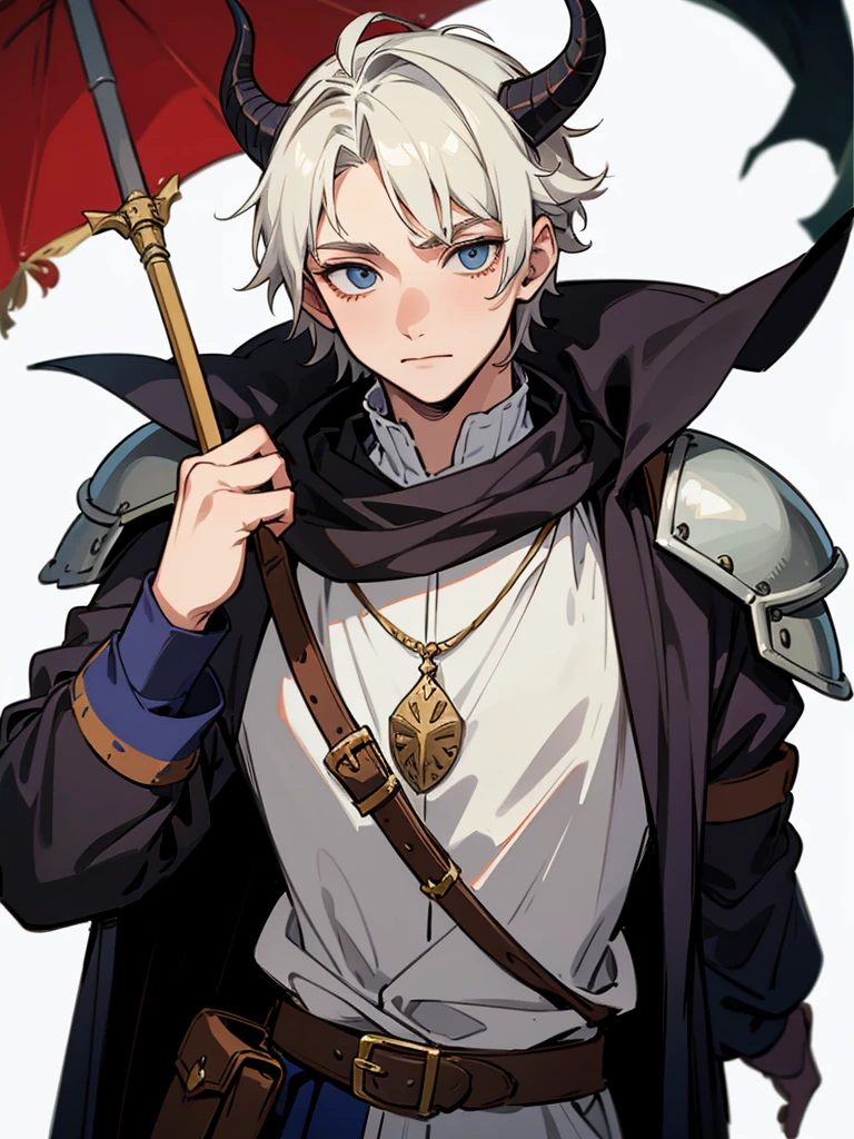 A young man with horns on his head and dressed as a medieval adventurer painted against a white background