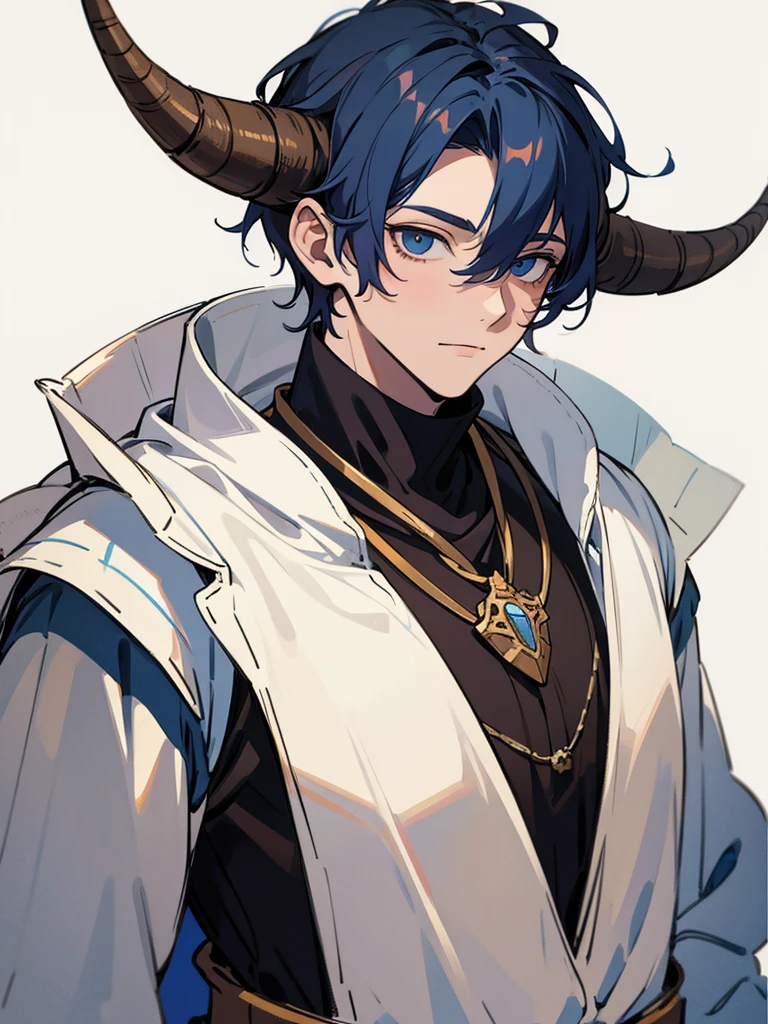 A young man with horns on his head and dressed as a medieval adventurer painted against a white background
