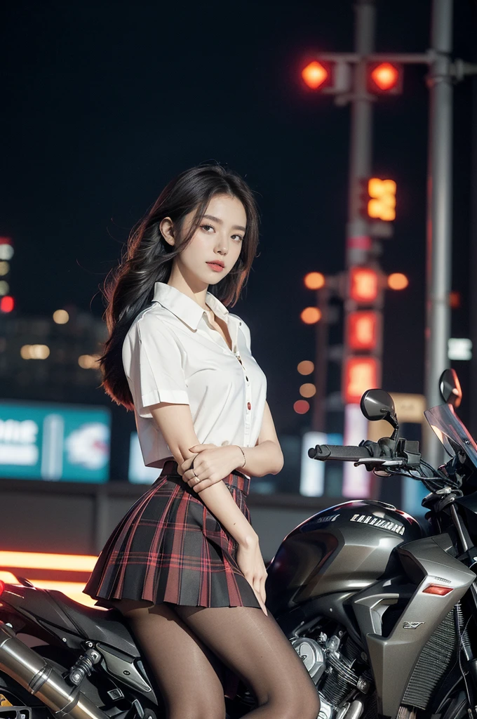 (((best quality))),(((ultra detailed))),(((masterpiece))),illustration,(1 beautiful girl,solo),((slim,thin)),((small breasts,flat chest)),(safety helmet:1.3),shoulder length straight hair,slender legs,cyberpunk, urban street,high school student, JK outfit,(riding on a motorcycle:1.3), sleek, (white collared short-sleeved shirt:1.3), (red checkered pleated skirt:1.3),(pantyhose:1.3), stylish boots, confidence, determination, dark streets, wind, hair blowing, neon lights, skyscrapers, urban noises, traffic, sirens, city sounds, futuristic, dystopian society, technology, fashion, explosive cocktail, style, , modernity, attitude, spirit, anything is possible,from front