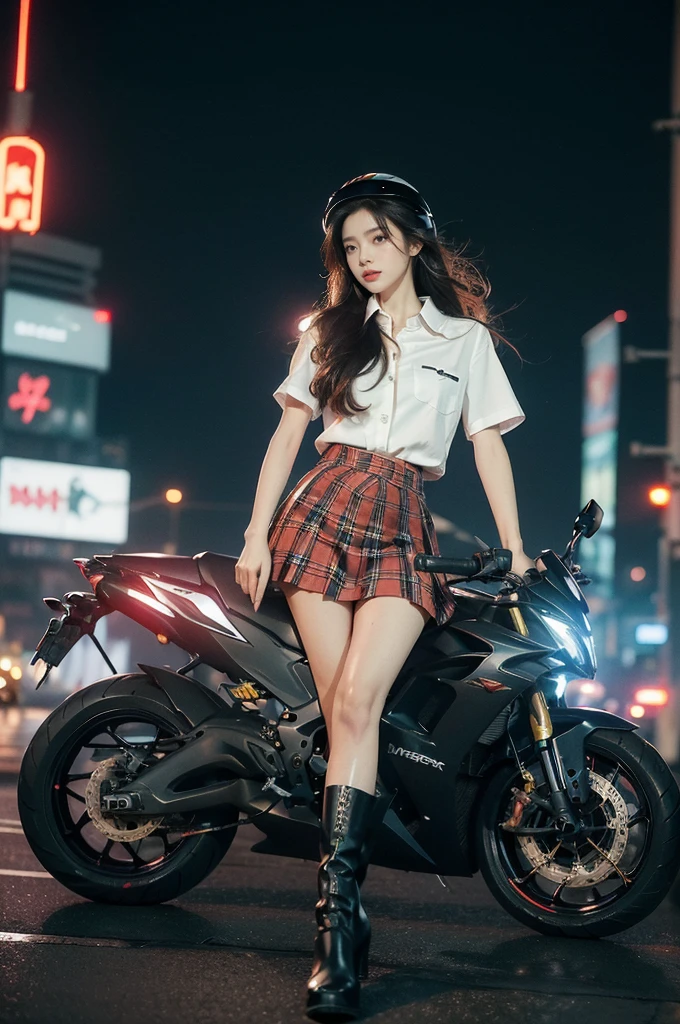 (((best quality))),(((ultra detailed))),(((masterpiece))),illustration,(1 beautiful girl,solo),((slim,thin)),((small breasts,flat chest)),(safety helmet:1.3),shoulder length straight hair,slender legs,cyberpunk, urban street,high school student, JK outfit,(riding on a motorcycle:1.3), sleek, (white collared short-sleeved shirt:1.3), (red checkered pleated skirt:1.3),(pantyhose:1.3), stylish boots, confidence, determination, dark streets, wind, hair blowing, neon lights, skyscrapers, urban noises, traffic, sirens, city sounds, futuristic, dystopian society, technology, fashion, explosive cocktail, style, , modernity, attitude, spirit, anything is possible,from front