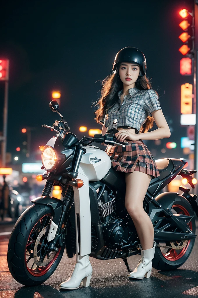 (((best quality))),(((ultra detailed))),(((masterpiece))),illustration,(1 beautiful girl,solo),((slim,thin)),((small breasts,flat chest)),(safety helmet:1.3),shoulder length straight hair,slender legs,cyberpunk, urban street,high school student, JK outfit,(riding on a motorcycle:1.3), sleek, (white collared short-sleeved shirt:1.3), (red checkered pleated skirt:1.3),(pantyhose:1.3), stylish boots, confidence, determination, dark streets, wind, hair blowing, neon lights, skyscrapers, urban noises, traffic, sirens, city sounds, futuristic, dystopian society, technology, fashion, explosive cocktail, style, , modernity, attitude, spirit, anything is possible,from front