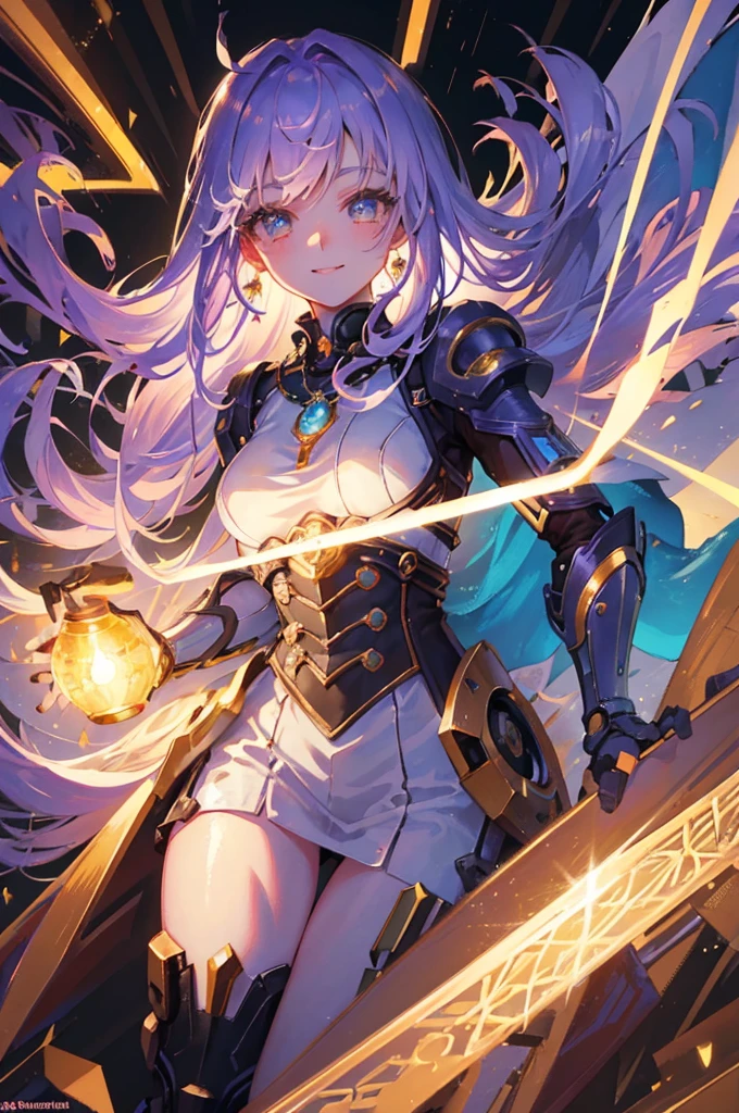 a cute robot girl, beautiful artwork, steampunk, ((masterpiece)), best quality, ultra-detailed, extremely detailed, 4K, 8K, best quality, ((no bad anatomy)), beautiful, anime style, ((dynamic pose)), facing at viewer, laboratory, watercolor, ((retro art style)), dynamic angle, jumping, beautiful purple hair, beautiful yellow eyes, beautiful eyes, mesh, transparent hair, translucent hair, fingered gloves, earrings, necklace, smile, light smile, sparkling effect