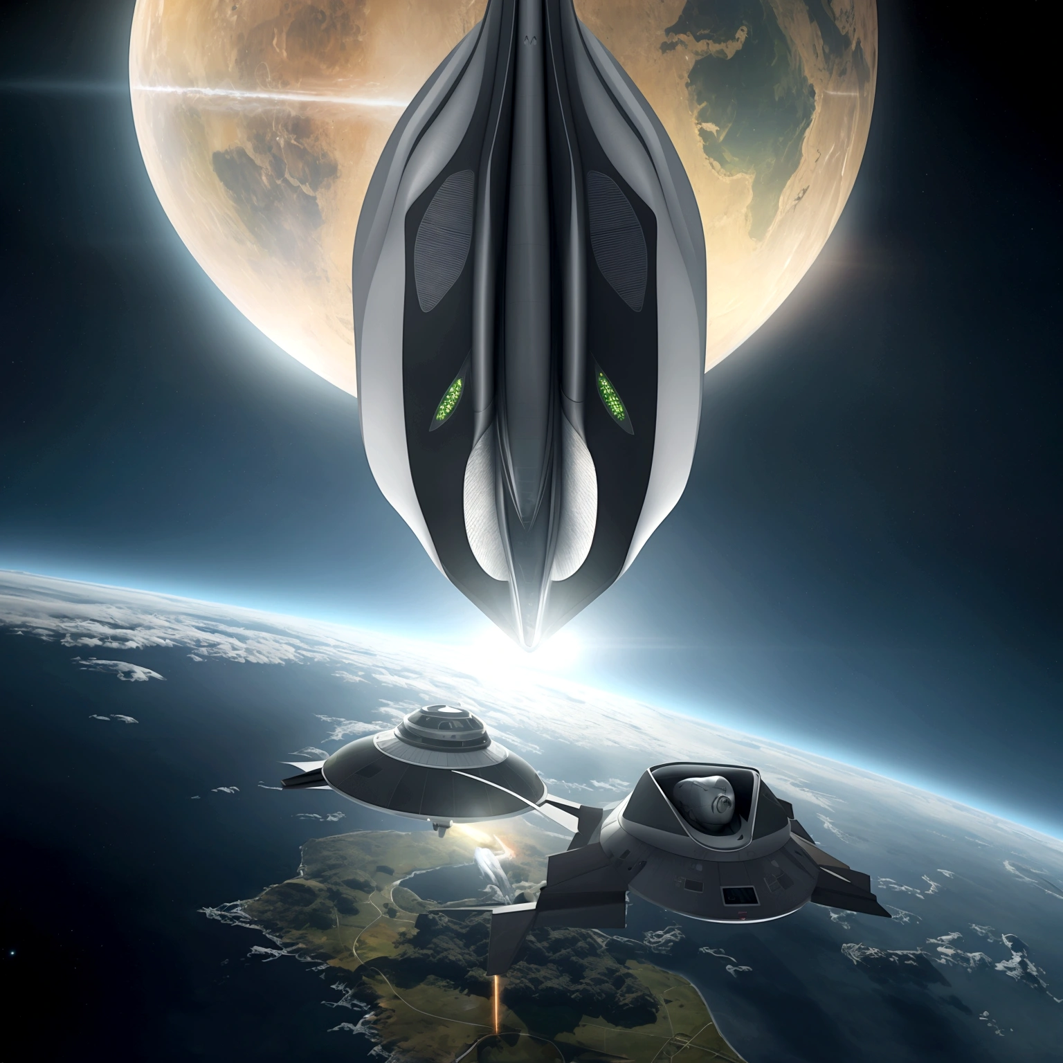 Uma space ship voando sobre uma grande cidade. Alien spacecraft arriving to Earth,  science fiction illustration, science fiction detailed art, In the sky, space ship, naves espaciais In the sky ensolarado.