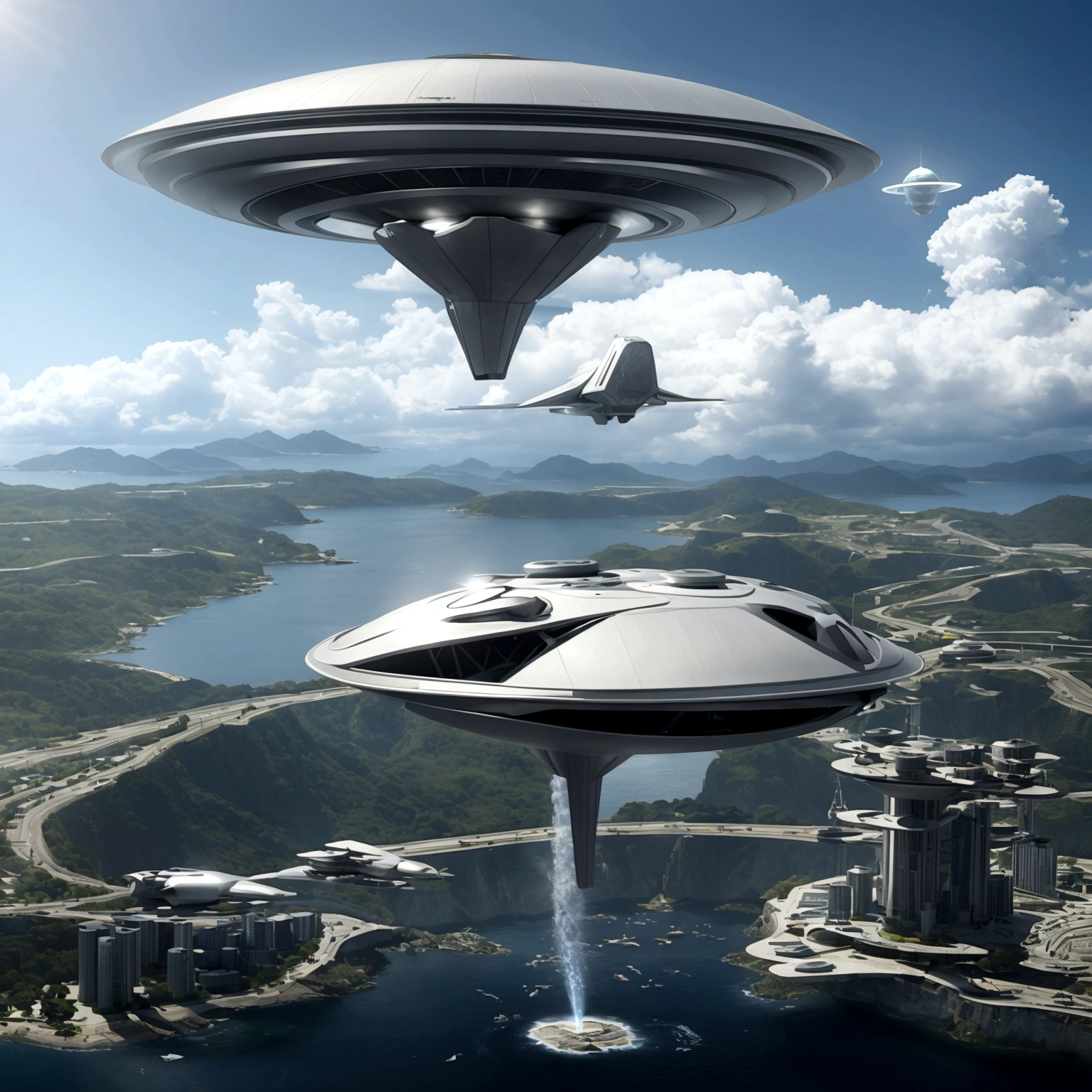 Uma space ship voando sobre uma grande cidade. Alien spacecraft arriving to Earth,  science fiction illustration, science fiction detailed art, In the sky, space ship, naves espaciais In the sky ensolarado.