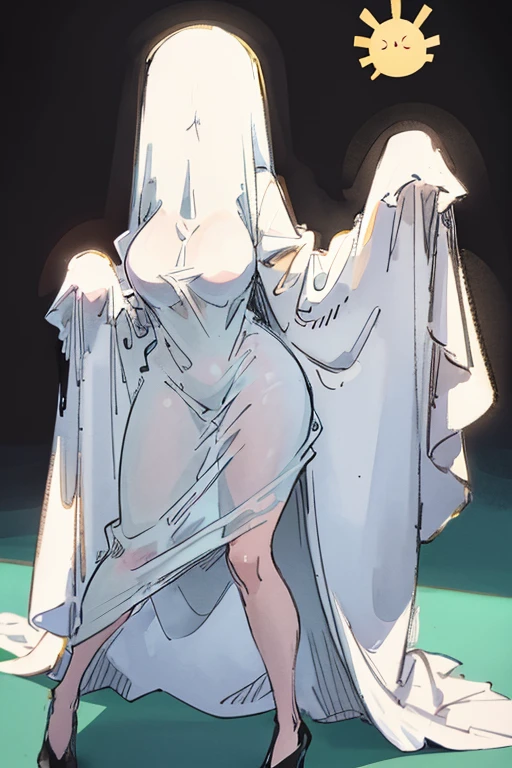 A adult female standing on the ground, large long shaped titslly personalty, cute happy demeanor, sunny disposition, deredere, faceless, ghost_costume,