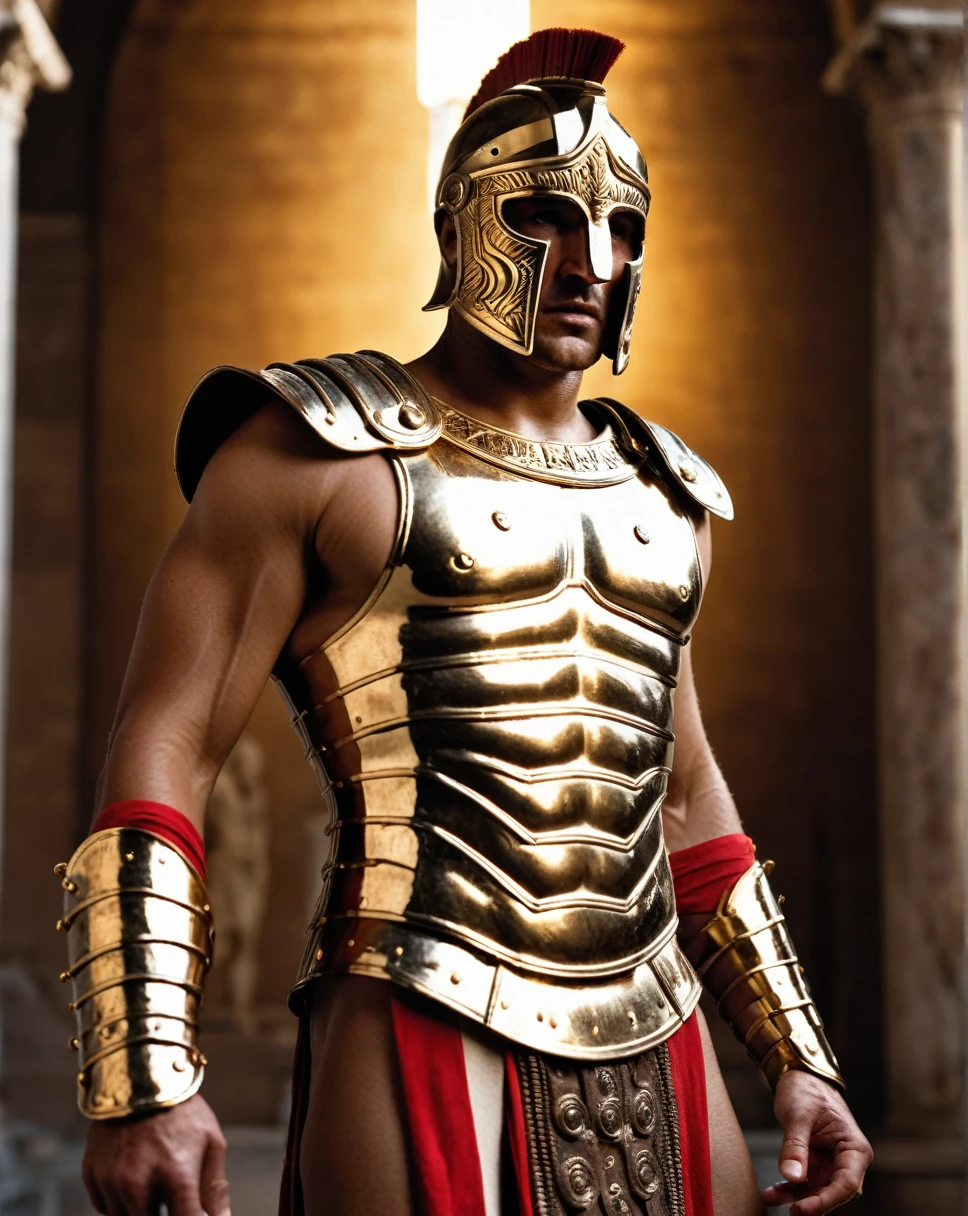 whole body (portraite:0.7) roman gladiator (gladiator mask gold details :1.2) (details golden reflections, :0.7) , (golden gladiator costume :1.1), (golden back cover :1.1), (marvel type:1.1), (stark:1.1), (nome ´ICE FRAMER` On the chest:1.1), cinematic lighting, perfect composition, chic, no crop, 4K, sharp focus, work of art, contra-luz, cinematic, Colosseum, photorrealistic, Blade runner, Action, moody lighting