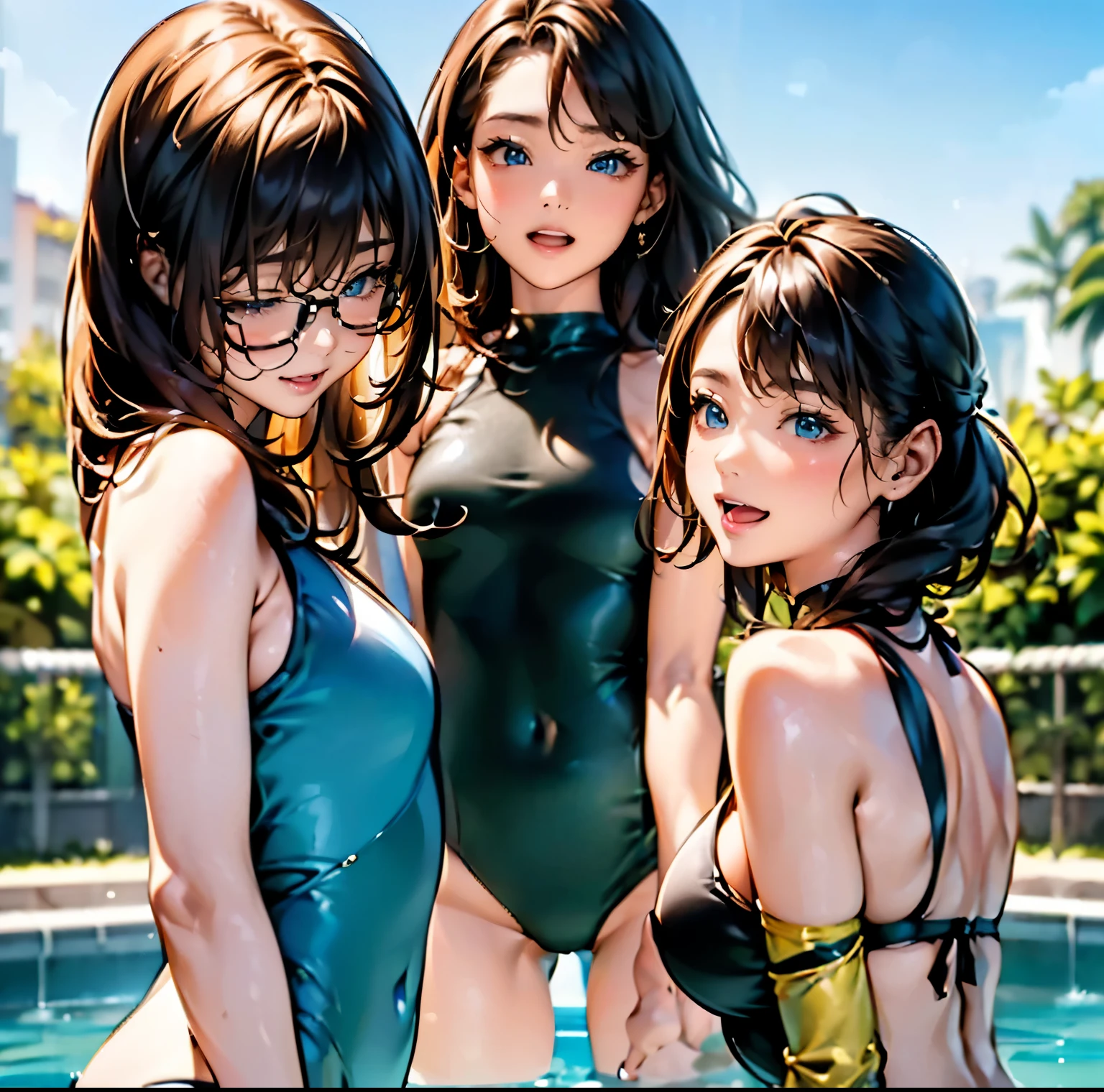 ((Highest quality、masterpiece、8K、Realistic、超High resolution、Very delicate and beautiful、High resolution、Cinema Lighting))、((Three Women:1.9))、【(The first was、Long blonde hair、blue eyes、I'm wearing a pink bikini。) (The second person is、Short black hair、Green Eyes、I'm wearing a blue swimsuit。) (The third person is、Wavy brown hair、Brown eyes、Wearing sporty swimwear。):1.8】、They are all、Laughing happily、We have a good time together。In the background there is a clear blue sky and green trees々is spreading々i can see、The pool is filled with refreshing blue water.。