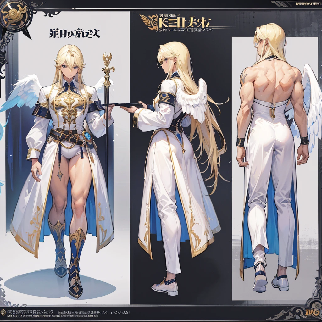 (Masterpiece, best quality), detailed, 1 man, ((character concept art)), ((character design sheet, same character, front, side, back)), full body, body complete, 1 Male angel, 1 Man angel, Detailed face, character design sheet，full bodyesbian, Highly detailed, character sheet, character design, Many parts, dark skin, angel wings, long blonde hair, angel outfit, muscle male god, male clothes, masculine, muscle man, male muscle, manly, male angel, Muscle male with long blonde hair，beautiful man, beautiful muscle man