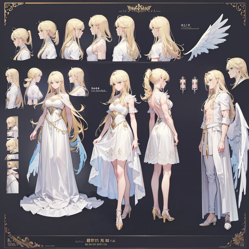 (Masterpiece, best quality), detailed, 1 man, ((character concept art)), ((character design sheet, same character, front, side, back)), full body, body complete, 1 Male angel, 1 Man angel, Detailed face, character design sheet，full bodyesbian, Highly detailed, character sheet, character design, Many parts, dark skin, angel wings, long blonde hair, angel outfit, muscle male god, male clothes, masculine, muscle man, male muscle, manly, male angel, Muscle male with long blonde hair，beautiful man, beautiful muscle man