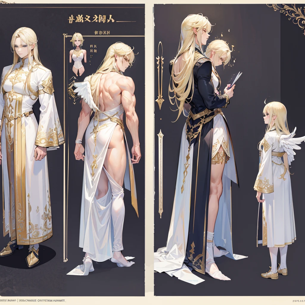 (Masterpiece, best quality), detailed, 1 man, ((character concept art)), ((character design sheet, same character, front, side, back)), full body, body complete, 1 Male angel, 1 Man angel, Detailed face, character design sheet,full bodyesbian, Highly detailed, character sheet, character design, Many parts, dark skin, angel wings, long blonde hair, angel outfit, muscle male god, male clothes, masculine, muscle man, male muscle, manly, male angel, Muscle male with long blonde hair,beautiful man, beautiful muscle man