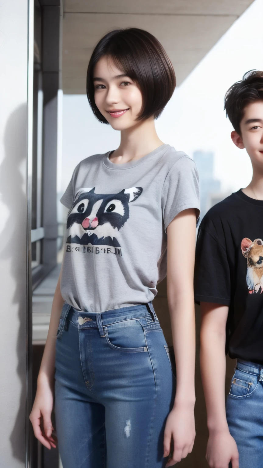 250 (An 18-year-old female and an 18-year-old male), (short hair),kind, lipstick, (jeans), (Animal charactersTshirt), smile