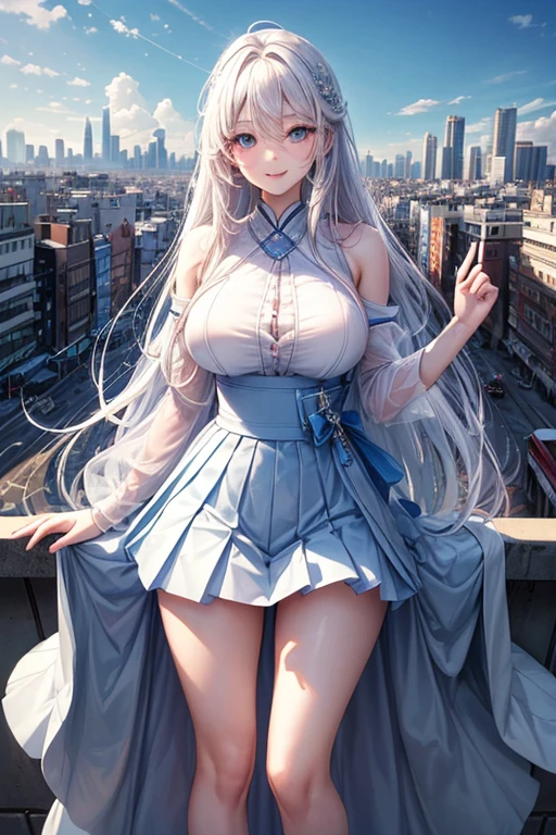 Official Art, Masterpiece, sharp focus, (beautiful beautiful cute korean woman:1.3), (beautiful cute korean:1.3), korean beauty, Hair, delicate and beautiful eyes and face., realist, ultra detailed, beautiful girl, blue sky, bright white particle, (side lighting:1.2), sunlight, White cloud, detailed clouds, slender, Beautiful very large breasts and very large hips., smile with your teeth, ((smile with your eyes, open both eyes)), scenery, long straight hair, sexy facial expression, building, (urban landscape:1.7), dynamic hair, long straight hair, detailed platinum pink hair, bright blue eyes, (blue pleated shirts + White skirt), long white socks, pale skin, hair ornament, epic scenery,