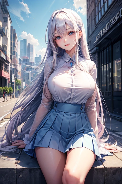 Official Art, Masterpiece, sharp focus, (beautiful beautiful cute korean woman:1.3), (beautiful cute korean:1.3), korean beauty, Hair, delicate and beautiful eyes and face., realist, ultra detailed, beautiful girl, blue sky, bright white particle, (side lighting:1.2), sunlight, White cloud, detailed clouds, slender, Beautiful very large breasts and very large hips., smile with your teeth, ((smile with your eyes, open both eyes)), scenery, long straight hair, sexy facial expression, building, (urban landscape:1.7), dynamic hair, long straight hair, detailed platinum pink hair, bright blue eyes, (blue pleated shirts + White skirt), long white socks, pale skin, hair ornament, epic scenery,