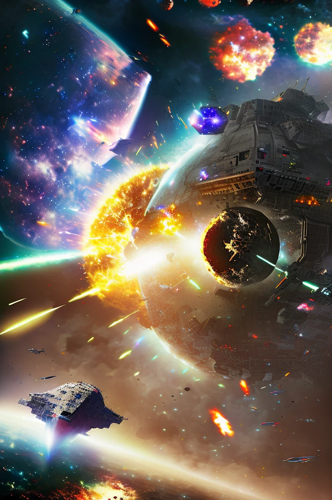 ((a space battle in a nebula between starships with a giant metal moon looming in the background)), masterpiece, best, photo realistic space battle, explosions, ship wreckage, epic space battle