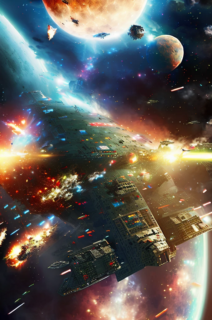 ((a space battle in a nebula between starships with a giant metal moon looming in the background)), masterpiece, best, photo realistic space battle, explosions, ship wreckage, epic space battle