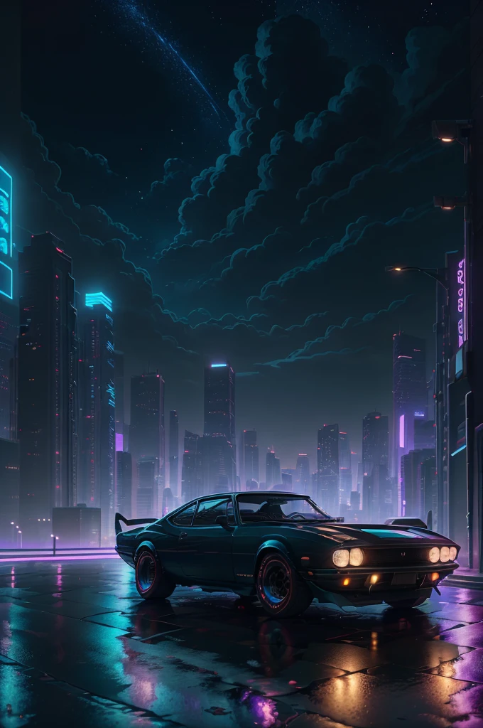 a detailed 1969 Nissan S30 with a wide body kit, driving on a city road at night, surrounded by purple neon lights, (best quality,4k,8k,highres,masterpiece:1.2),ultra-detailed,(realistic,photorealistic,photo-realistic:1.37),cityscape,retrofuturistic,synthwave,vaporwave,80s aesthetic,cinematic lighting,dramatic shadows,moody atmosphere