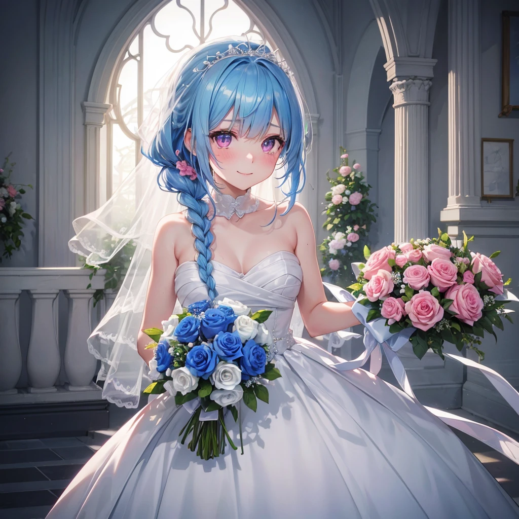 Sky blue hair, (Braided Ponytail),(Pink Eyes),Fair skin ,(whole body),(One girl),bride,A happy smile,Eyes moist with tears,Straight bangs, 6月のbride,Wedding dress,(masterpiece, Highest quality, Very detailed, Best Shadow), (Detailed Background), (Beautifully detailed face), High Contrast, (Best lighting, Very delicate and beautiful), ((Cinematic Light)), colorful, Hyper Detail, Dramatic Light, Intricate details,Chapel,Bouquet of roses