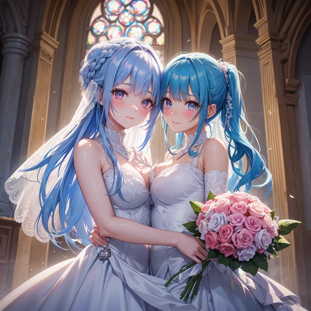 Sky blue hair, (Braided Ponytail),(Pink Eyes),Fair skin ,(whole body),(One girl),bride,A happy smile,Eyes moist with tears,Straight bangs, 6月のbride,Wedding dress,(masterpiece, Highest quality, Very detailed, Best Shadow), (Detailed Background), (Beautifully detailed face), High Contrast, (Best lighting, Very delicate and beautiful), ((Cinematic Light)), colorful, Hyper Detail, Dramatic Light, Intricate details,Chapel,Bouquet of roses