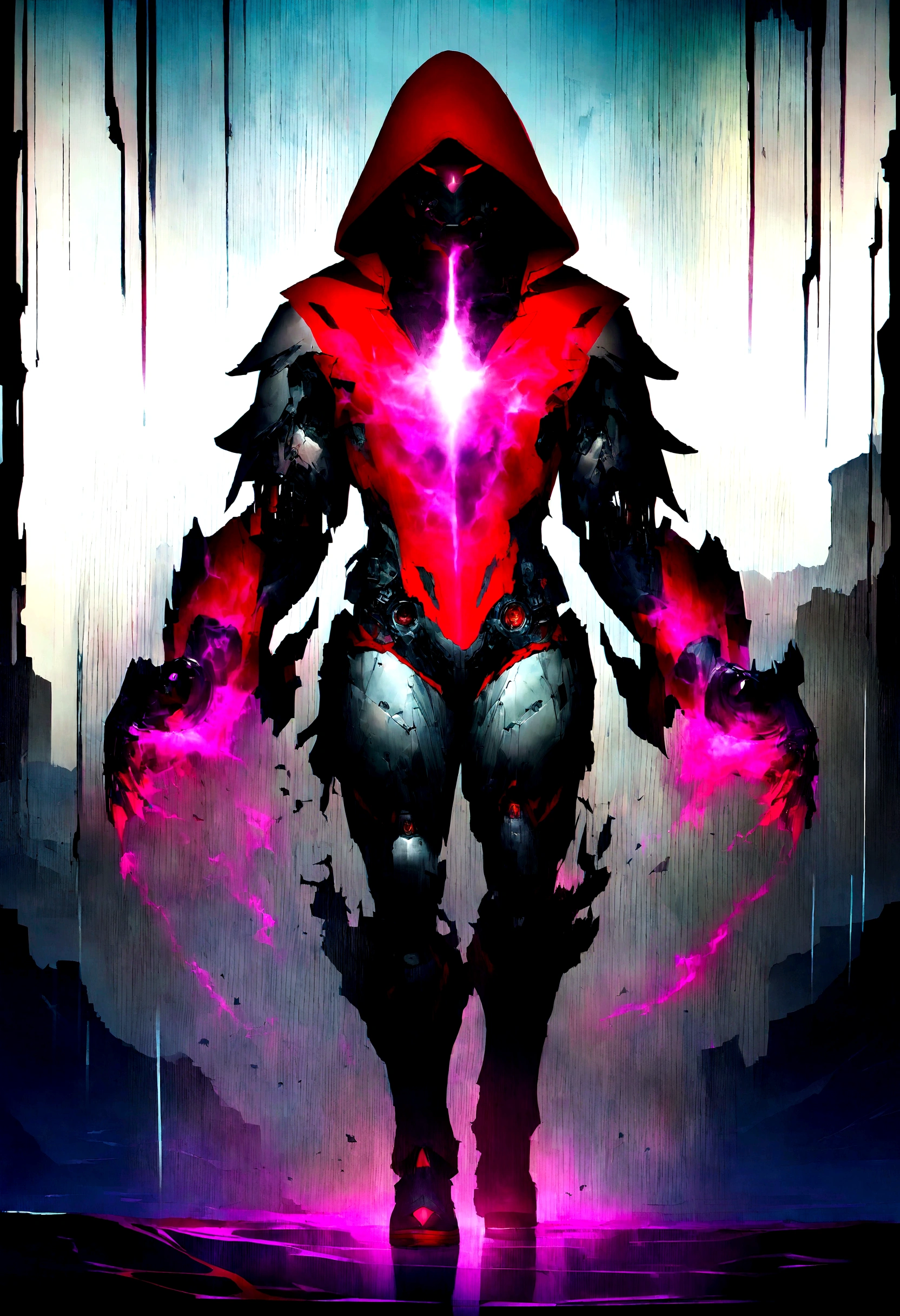 masterpiece, cyborg, The body is glamorous、, Wearing a hood, Shrouded in shadow,Wear an aura , Positano colours, Completely in frame, whole body, Emits electrical energy, whole body, Beautiful girl in beautiful anime waifu style, Ultra-detailed CG paintings, Luminism, Art by Kahn Griffith and Vadim Kashin Concept Art, 8Kresolution, 16kresolution、Fractal isometric details、 Bioluminescence , complicatedly detailed , Cinematic, trending on art station Isometric Centered hyper Realistic cover photo awesome full color, Grainy, Realistic, complicated, Hit definition , Cinematic, Bold, Vibrant, amazing, Super high quality model、Being pelted by rain in the dark、Controlling Lightning、Red eyes