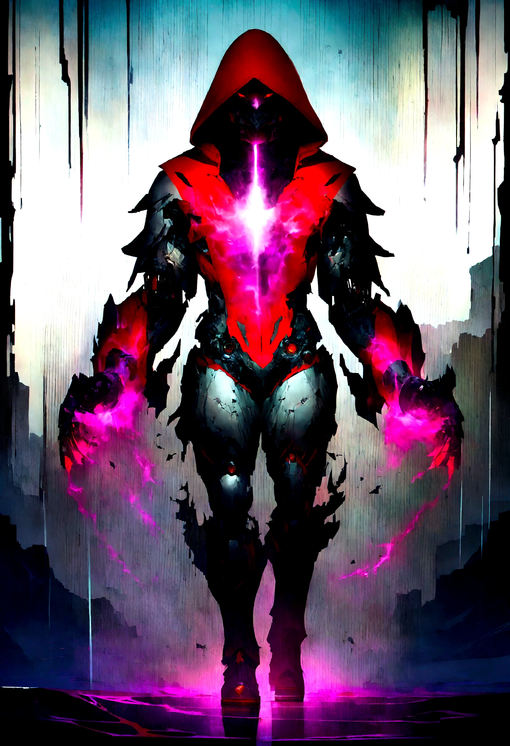 masterpiece, cyborg, The body is glamorous、, Wearing a hood, Shrouded in shadow,Wear an aura , Positano colours, Completely in frame, whole body, Emits electrical energy, whole body, Beautiful girl in beautiful anime waifu style, Ultra-detailed CG paintings, Luminism, Art by Kahn Griffith and Vadim Kashin Concept Art, 8Kresolution, １６ｋresolution、Fractal isometric details、 Bioluminescence , complicatedly detailed , Cinematic, trending on art station Isometric Centered hyper Realistic cover photo awesome full color,  Grainy, Realistic, complicated, Hit definition , Cinematic, Bold, Vibrant, amazing, Super high quality model、Being pelted by rain in the dark、Controlling Lightning、Red eyes