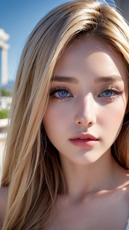femme italienne, yeux bleus, cheveux blonds et grands yeux, terrasse en hauteur, les yeux, Violet Myers, ohne Maquillage, maquillage naturel,, Visage avec Artgram, dezentes Maquillage, Superbe photo du corps entier, Fission, (beste-Qualit, 8k, 32K, Masterpiece, UHD :1.2), photo d'une femme italienne ez grande, Blond, groery short hair, mineur, sinple background, gros seins, gheveux blonds, very short hair, chandail, debout, pink skirt , very short hair, pink tee shirt ,