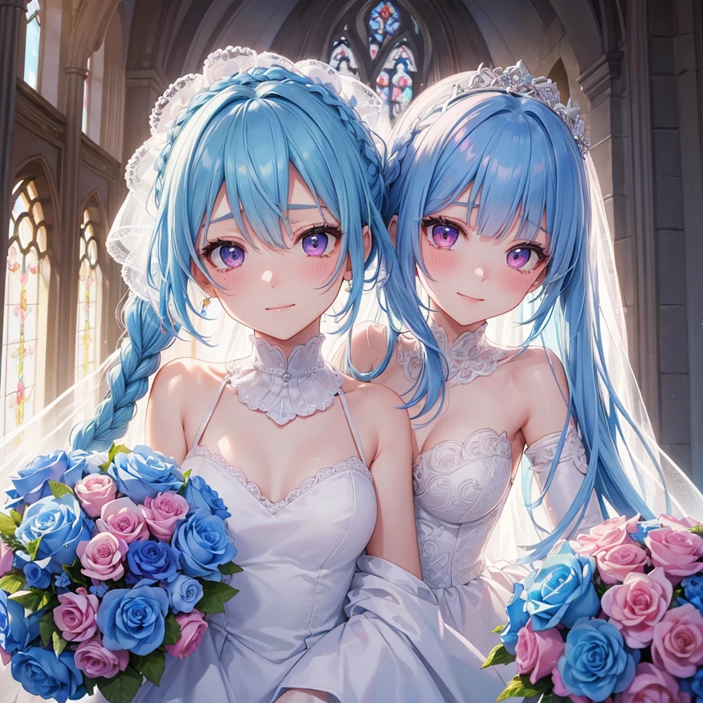 Sky blue hair, (Braided Ponytail),(Pink Eyes),Fair skin ,(whole body),(One girl),bride,A happy smile,Eyes moist with tears,Straight bangs, 6月のbride,Wedding dress,(masterpiece, Highest quality, Very detailed, Best Shadow), (Detailed Background), (Beautifully detailed face), High Contrast, (Best lighting, Very delicate and beautiful), ((Cinematic Light)), colorful, Hyper Detail, Dramatic Light, Intricate details,Chapel,Bouquet of roses