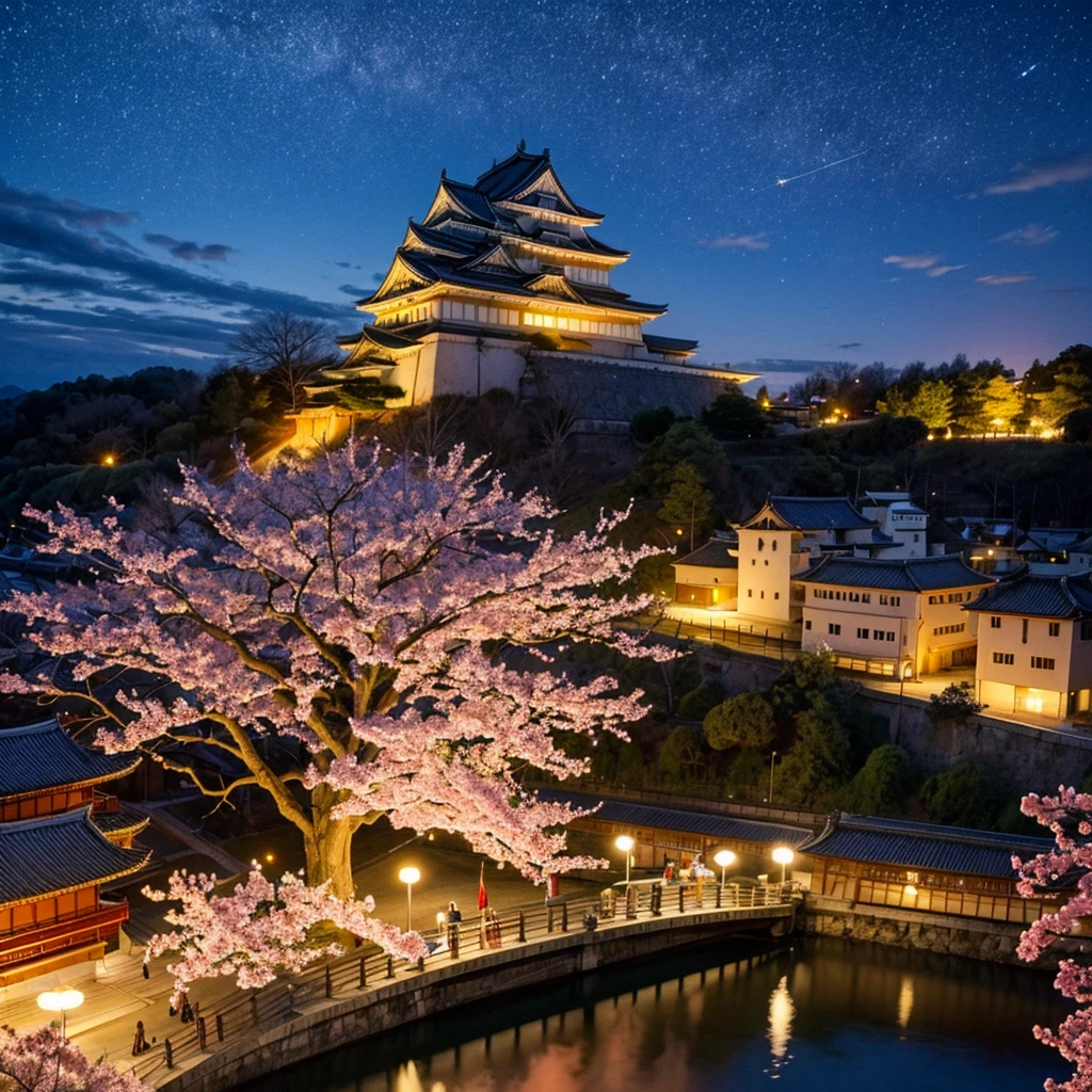 The fantastic Himeji Castle There are beautiful cherry blossoms around Moonlit lake at night Ultra HD