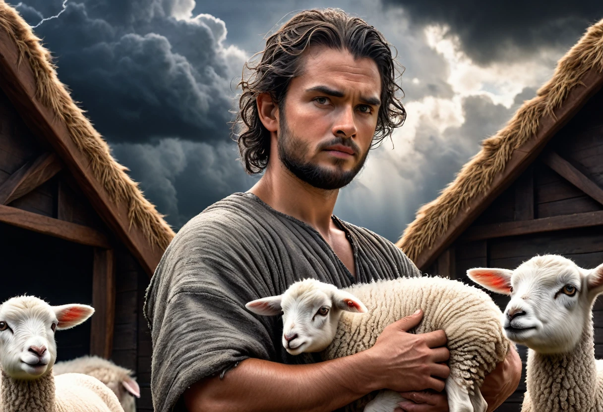 Hyper-detailed close-up photograph of Noah with a lamb in his arms, (In the background is the large ark surrounded by different animals:1.2), storm clouds, photographic realism levado ao extremo, fine texture, stunningly lifelike, cinematic, Large camera format photo. , photographic realism, dslr, 8k hd, hdr, ultra detaild, high qualiy, hight contrast