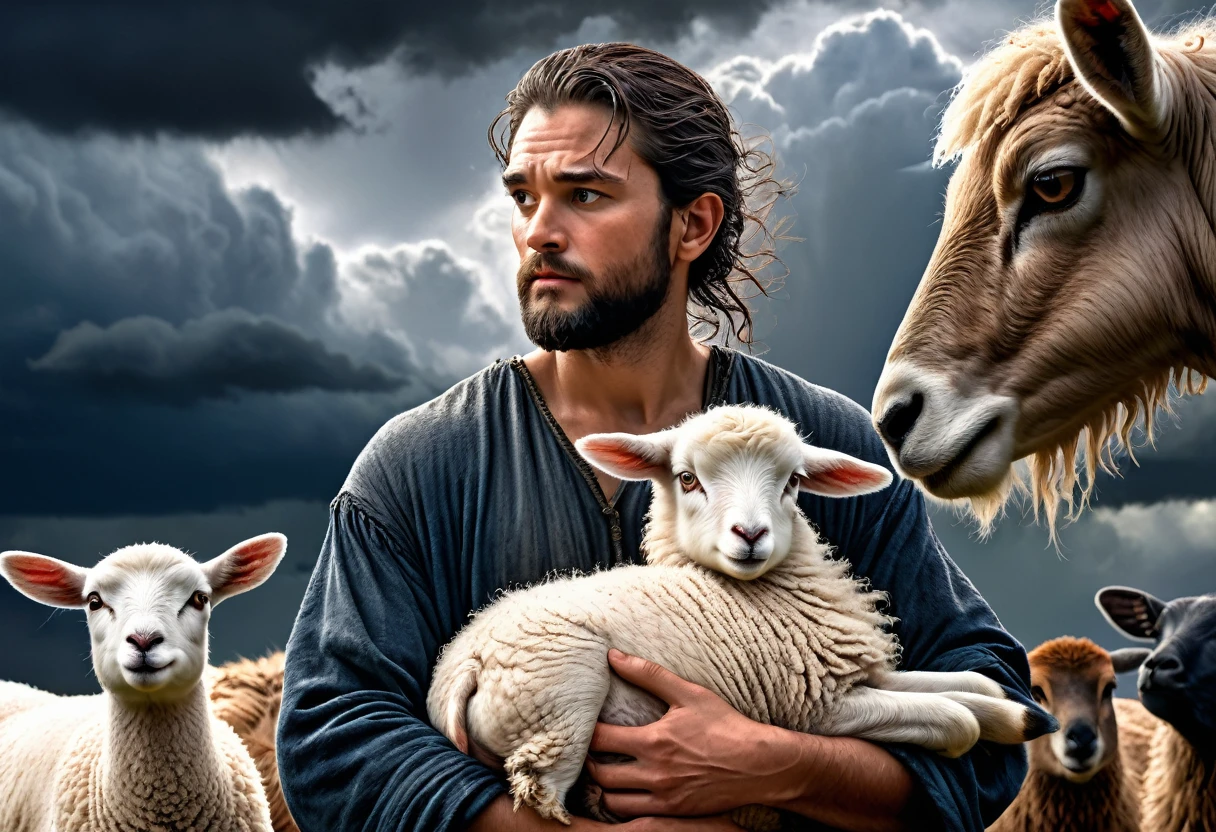 Hyper-detailed close-up photograph of Noah with a lamb in his arms, (In the background is the large ark surrounded by different animals:1.2), storm clouds, photographic realism levado ao extremo, fine texture, stunningly lifelike, cinematic, Large camera format photo. , photographic realism, dslr, 8k hd, hdr, ultra detaild, high qualiy, hight contrast