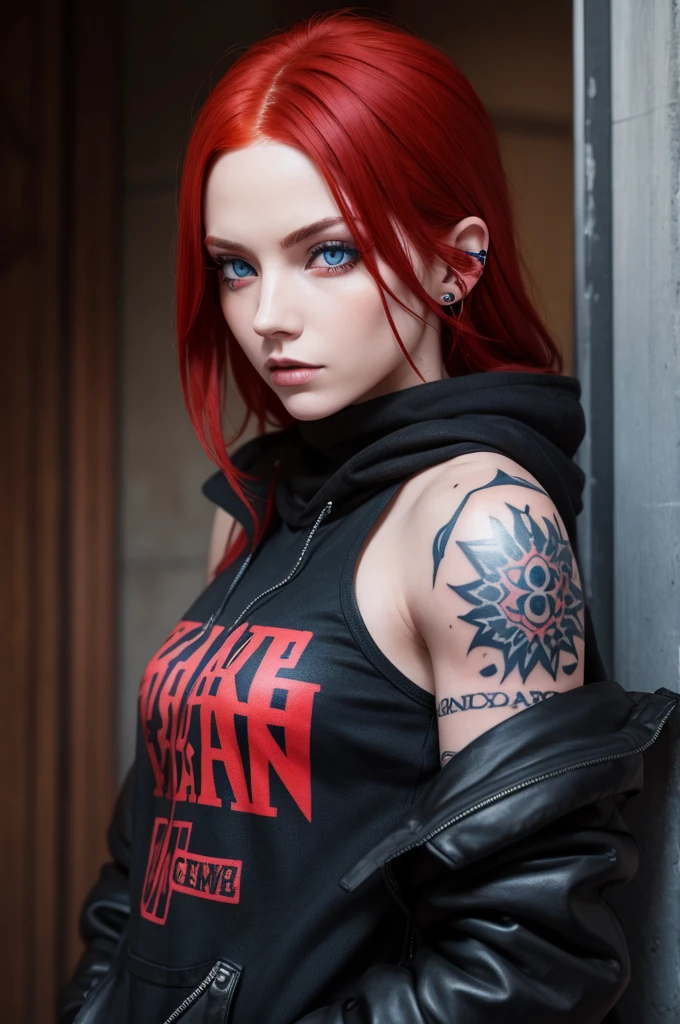 make a lesbian woman with red hair, blue eye, black clothes with a lot of tattoos