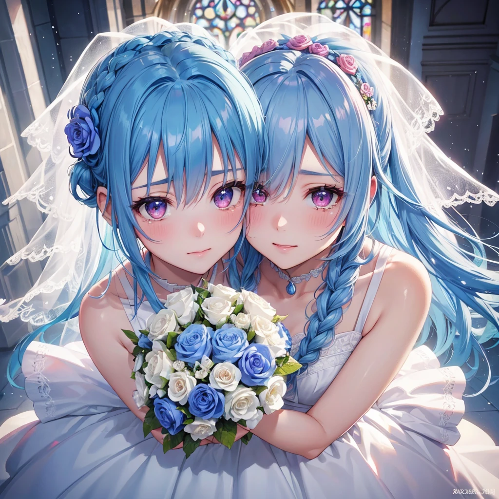Sky blue hair, (Braided Ponytail),(Pink Eyes),Fair skin ,(whole body),(One girl),bride,A happy smile,Eyes moist with tears,Straight bangs, 6月のbride,Wedding dress,(masterpiece, Highest quality, Very detailed, Best Shadow), (Detailed Background), (Beautifully detailed face), High Contrast, (Best lighting, Very delicate and beautiful), ((Cinematic Light)), colorful, Hyper Detail, Dramatic Light, Intricate details,Chapel,Bouquet of roses