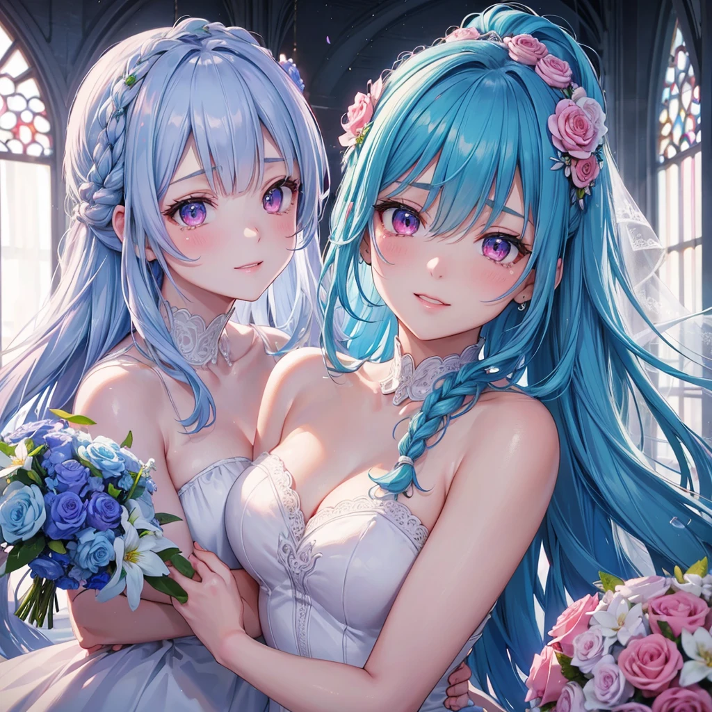 Sky blue hair, (Braided Ponytail),(Pink Eyes),Fair skin ,(whole body),(One girl),bride,A happy smile,Eyes moist with tears,Straight bangs, 6月のbride,Wedding dress,(masterpiece, Highest quality, Very detailed, Best Shadow), (Detailed Background), (Beautifully detailed face), High Contrast, (Best lighting, Very delicate and beautiful), ((Cinematic Light)), colorful, Hyper Detail, Dramatic Light, Intricate details,Chapel,Bouquet of roses
