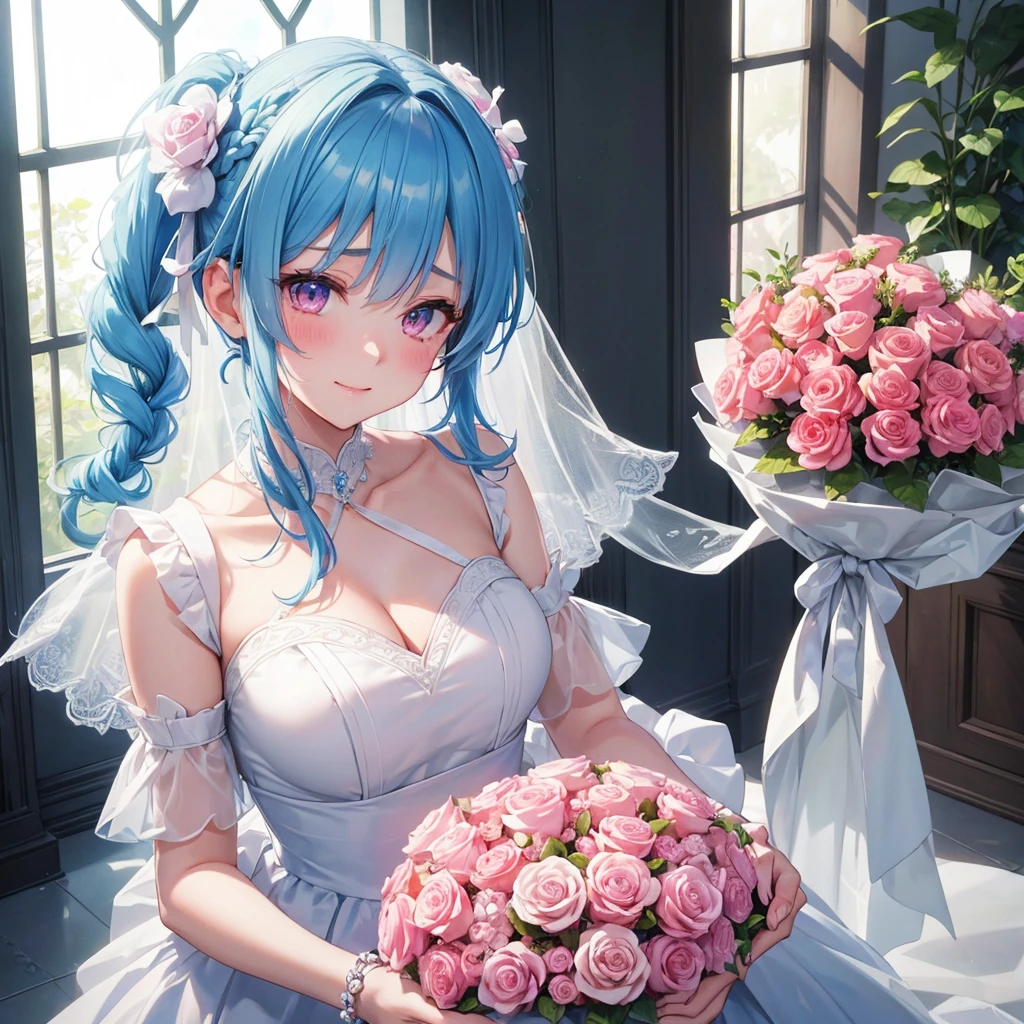 Sky blue hair, (Braided Ponytail),(Pink Eyes),Fair skin ,(whole body),(One girl),bride,A happy smile,Eyes moist with tears,Straight bangs, 6月のbride,Wedding dress,(masterpiece, Highest quality, Very detailed, Best Shadow), (Detailed Background), (Beautifully detailed face), High Contrast, (Best lighting, Very delicate and beautiful), ((Cinematic Light)), colorful, Hyper Detail, Dramatic Light, Intricate details,Chapel,Bouquet of roses