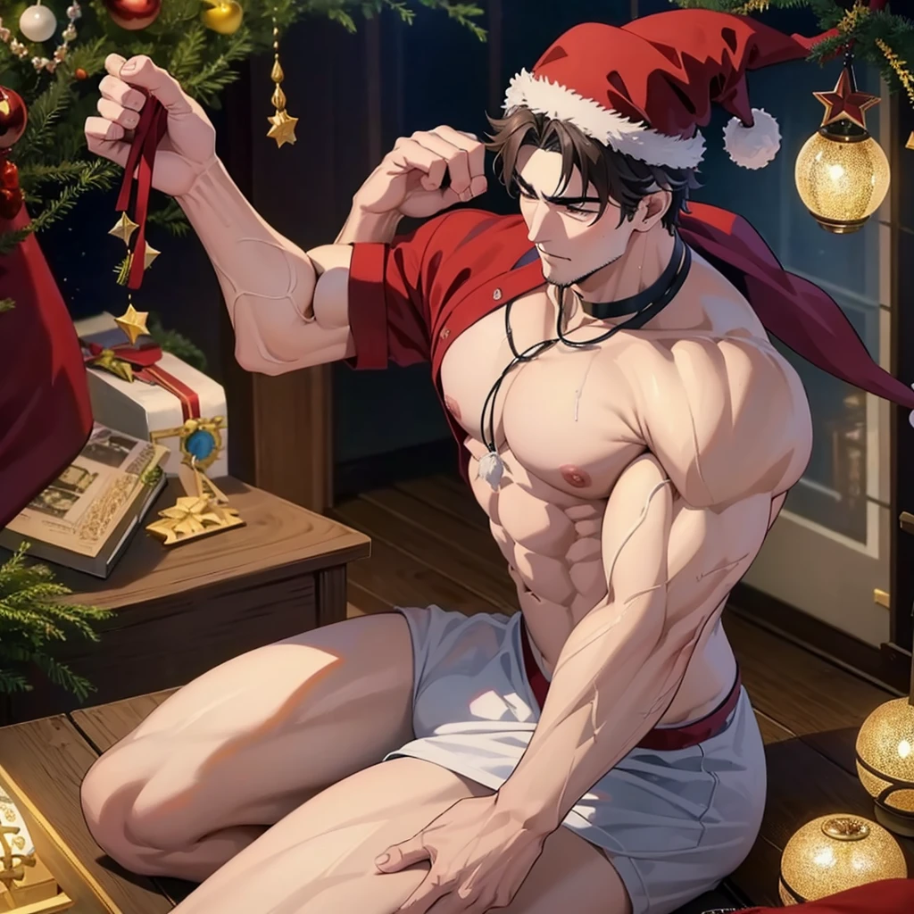 a man in a santa hat laying on a bed, santa, by Pu Hua, by Lü Ji, masculine muscular figure, christmas, muscular masculine figure, santa claus, sexy masculine, muscular man, muscular men, korean artist, manhwa, wearing santa hat, festive, muscular male, sitting on santa, masayoshi suto and artgerm, pan ren wei, ful calidad, 4k, ful HD, calidad de cine, calidad alta