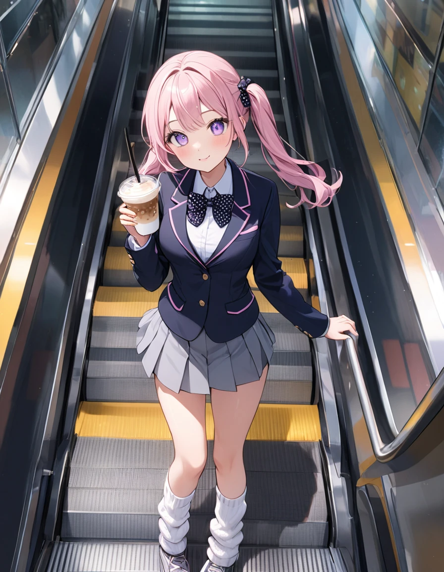 (8K, best quality, master piece: 1.2), super high resolution,1 girl,16yo,solo,1ultra-detailed face,detailed eyes,perfect hands, perfect fingers,sparkling pupils,Mascara,(the girl drinking iced latte with a straw),Bubblegum Pink hair,natural wave hair,twintails,amethyst Eyes,(scrunchie,blazer,Short pleated skirt),(gray:1.5),navel,polka-dot pattern bow tie,smaile,medium breasts,((loose socks)),リムライト,standing on a down escalator,Look at Viewer