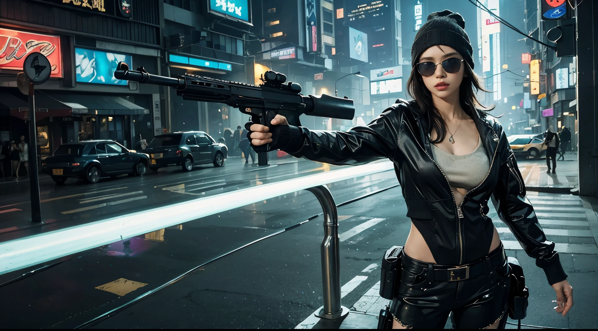 ８k, Realistic Skin Texture, Realistic Photo, Neo Tokyo, slim Japanese women, large breast cleavage, ＡＤ2050 at night, Dirty hunting jacket, Wearing multiple shirts and hoodies, (((black sunglasses, automatic rifle, sneakers, Knit cap, cold, shooting pose))), Innovative composition, revenge, An old 1966 Ford Bronco that looks out of place in a city, cyberpunk, blade runner worldview, Large neon sign, Geisha hologram sign, Strong Wakamoto Sign.