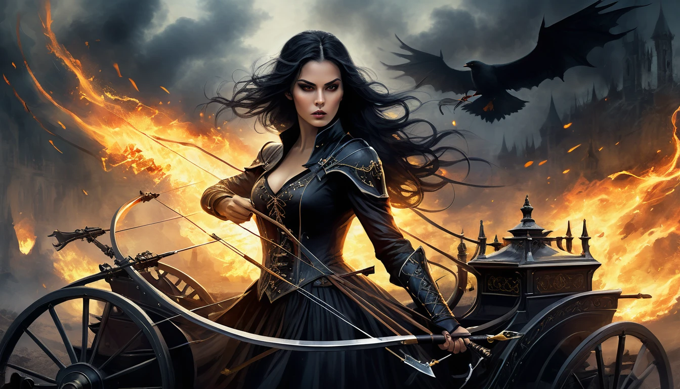 A fierce woman with dark, gothic makeup and flowing black hair, aiming a crossbow out of a gothic-style carriage, surrounded by dark flames and eerie shadows in a haunted landscape.