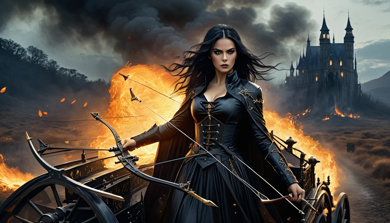 A fierce woman with dark, gothic makeup and flowing black hair, aiming a crossbow out of a gothic-style carriage, surrounded by dark flames and eerie shadows in a haunted landscape.